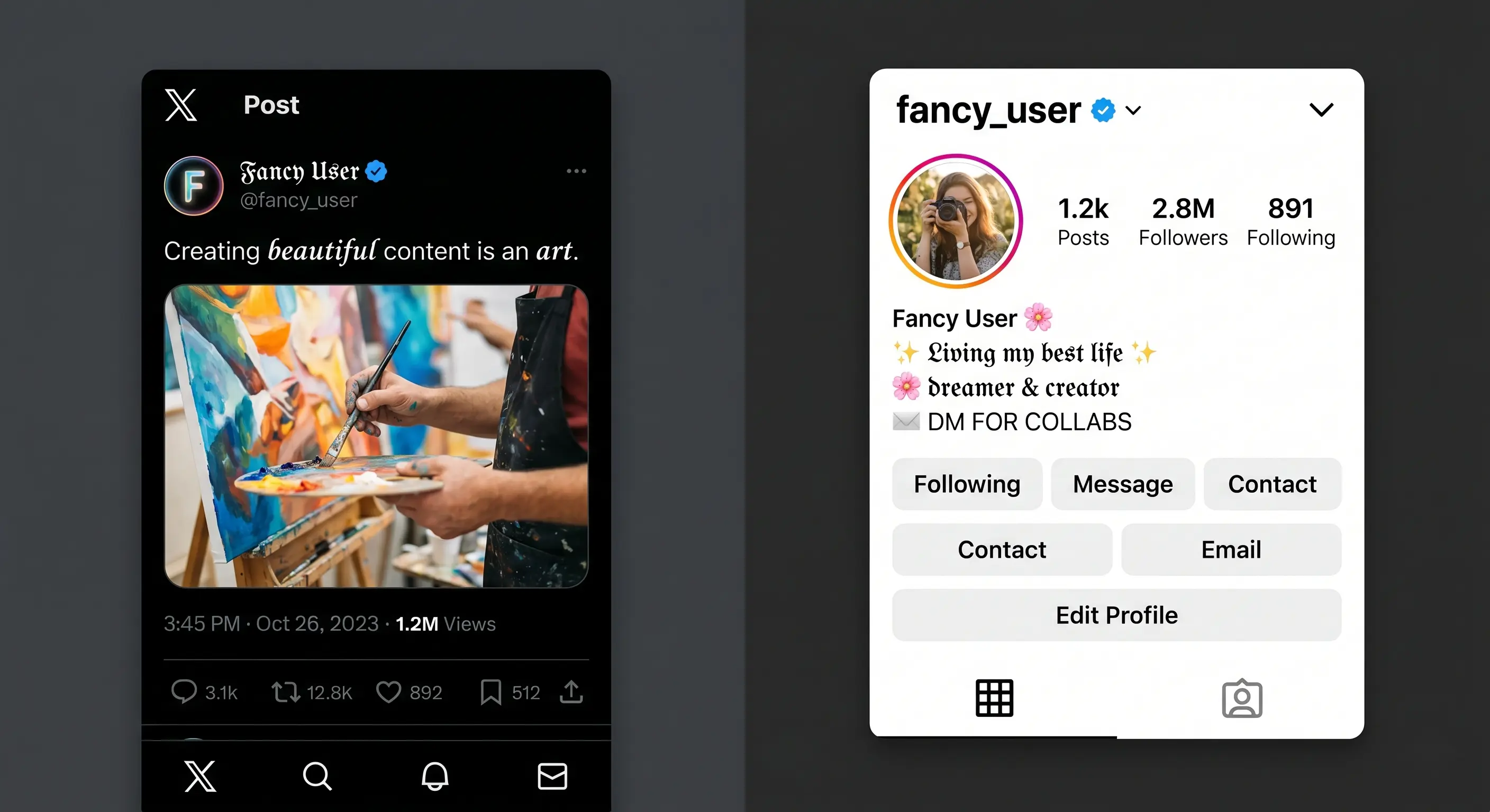 Mockup collage di un post su Twitter/X e un profilo Instagram con font stilizzati in azione