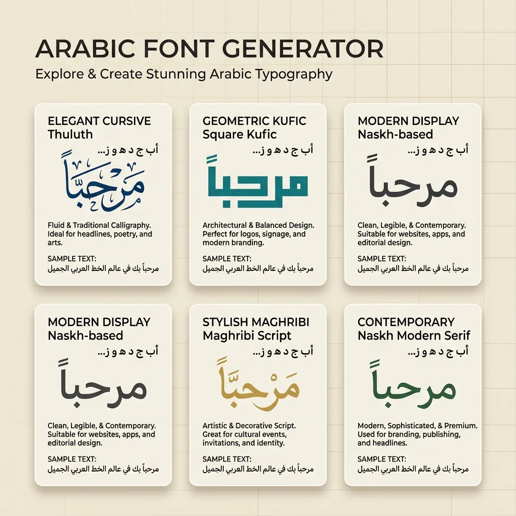 Arabic font style generator custom calligraphy text preview with multiple fonts